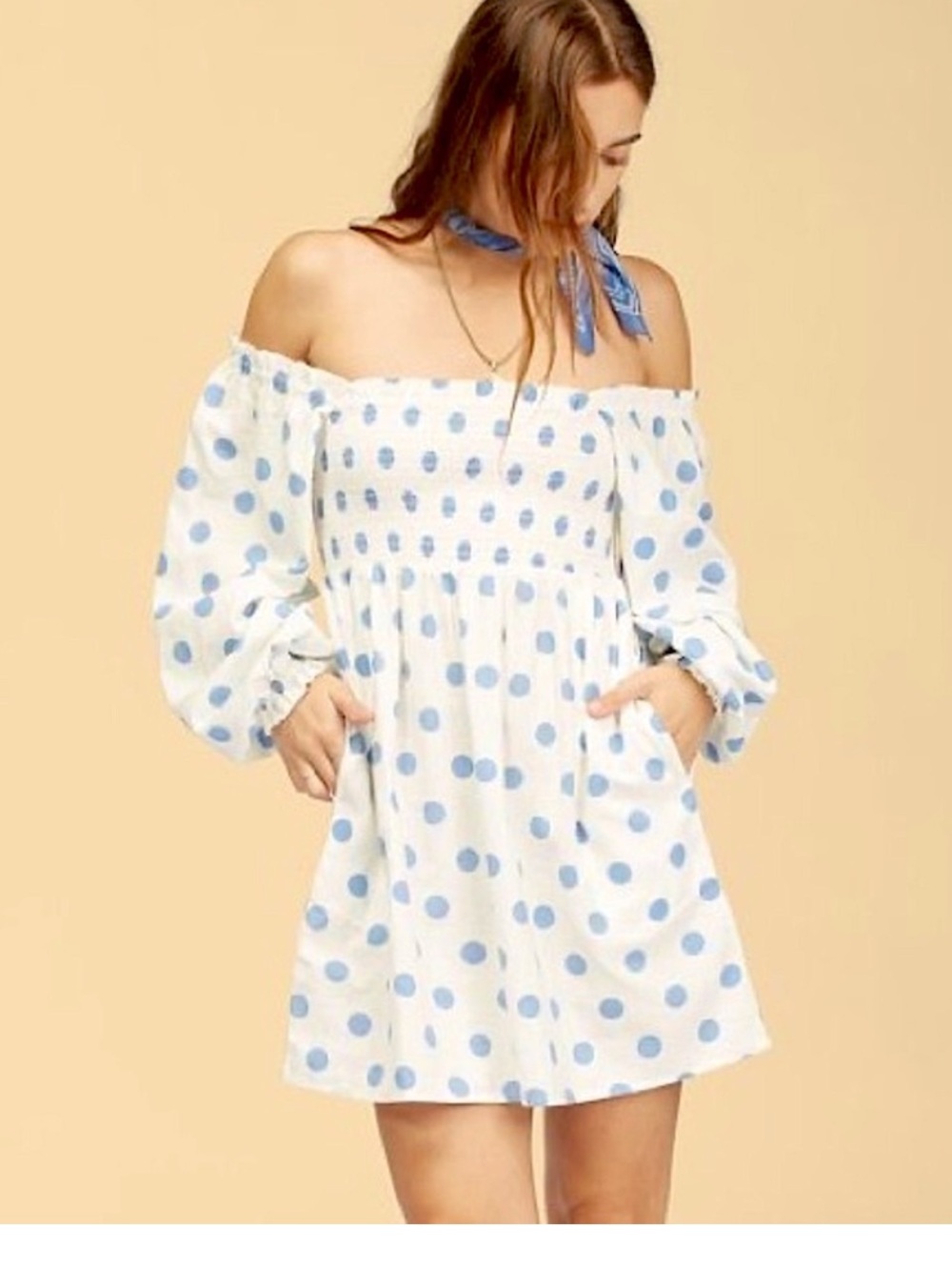 Billabong x Wrangler Bellflower polka-dot off-the-shoulder mini dress